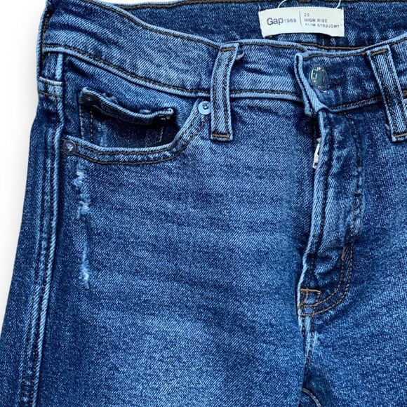 Gap 1969 High Rise Slim Straight Jeans Blue Distressed Frayed Destroyed Hem - Picture 4 of 7